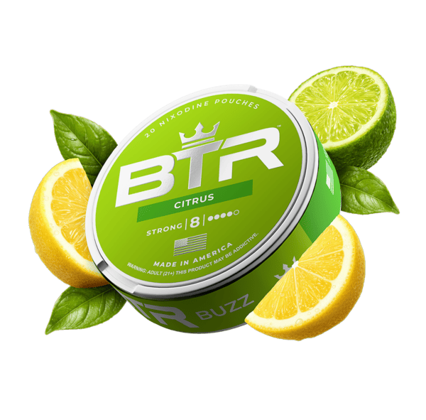 Citrus BTR can with lemon slices, lime halves, and green leaves around it.